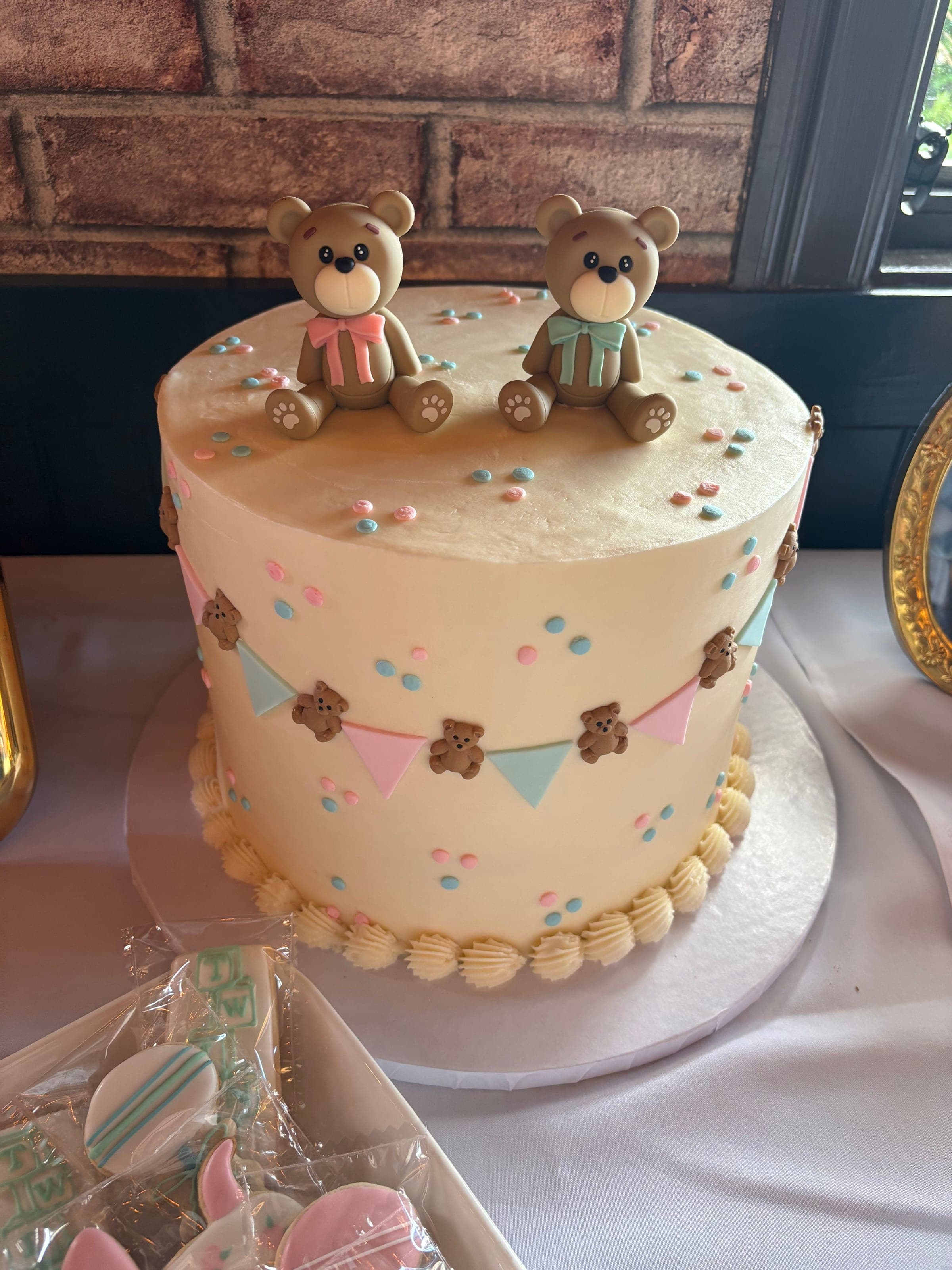 A teddy bear baby shower cake on the dessert table at Crown Tavern in Glen Mills, PA