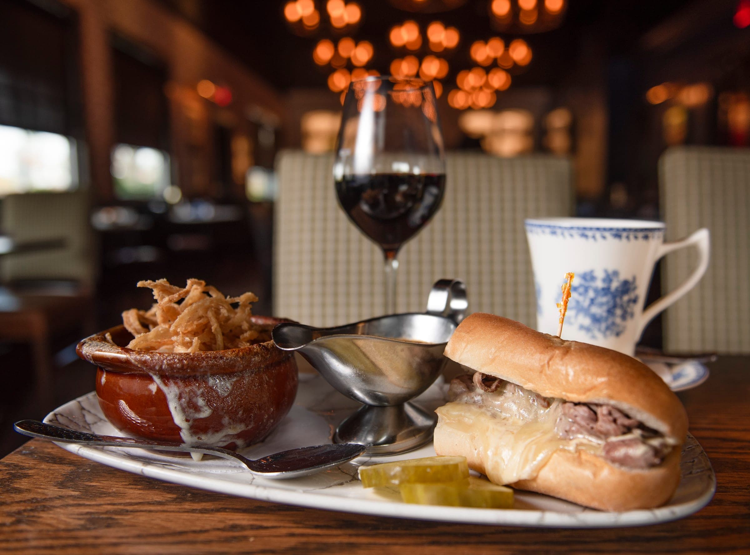 French dip sandwich and French onion soup with red wine at The Crown Tavern in Glen Mills, PA