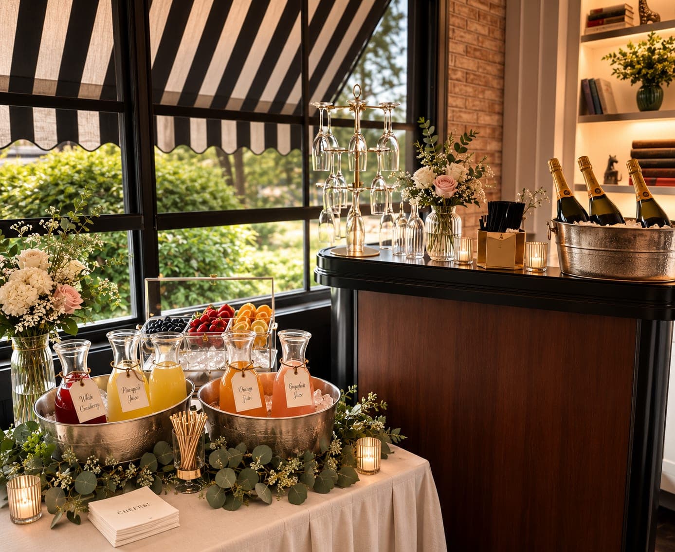 Mimosa bar with juice carafes, prosecco on ice and fresh fruit set for weekend brunch at The Crown Tavern in Glen Mills, PA