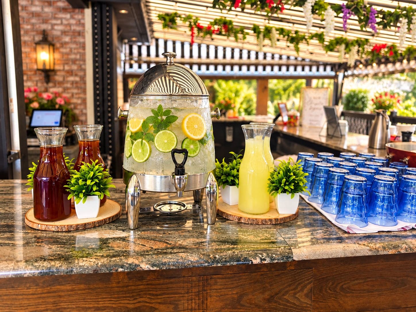Non-alcoholic beverage station with iced tea, lemonade and citrus water in a mint and lime dispenser on the Garden Bar at The Crown Tavern in Glen Mills, PA