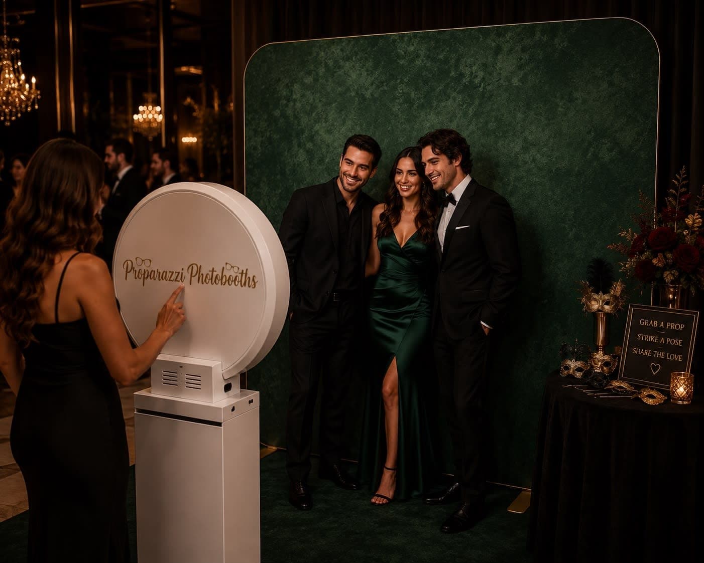 Guests posing in front of a green backdrop at a Proparazzi Photobooths photo booth during an evening party