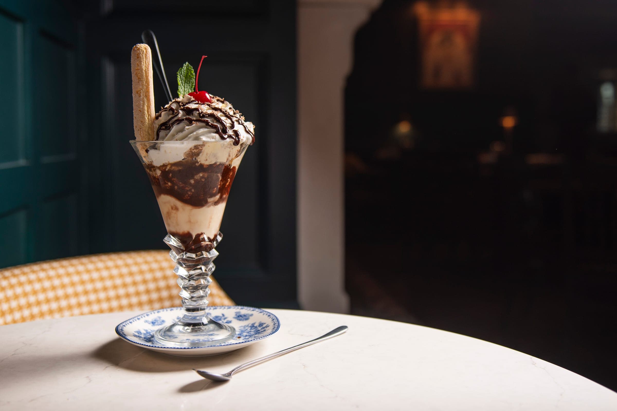 Hot fudge sundae with whipped cream and a cherry at The Crown Tavern in Glen Mills, PA