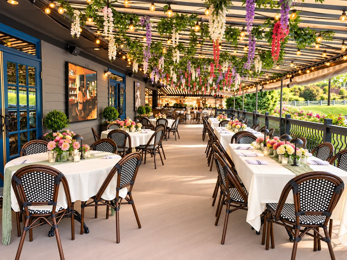 The covered deck with flowers and candlelit tables, a spring and summer option for baby showers at Crown Tavern in Glen Mills, PA